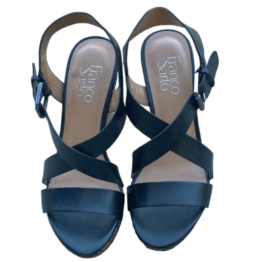 Franco Sarto Black Buckle Strap Leather Espadrilles Wedge Sandals Size 7